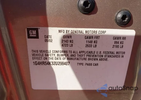 2002 Buick Lesabre Limited из США, поврежденный, VIN 1G4HR54K32U298407